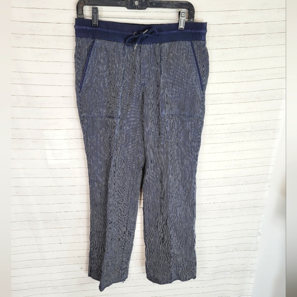Athleta Bali 100% Linen Navy Striped Boat Pants, sz 8